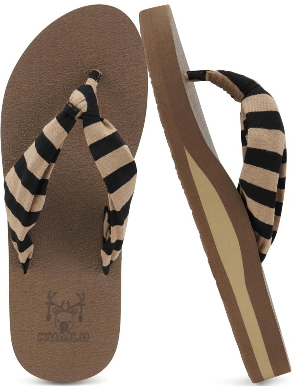 Women Brown Black Yoga Mat Arch Support Fabric Straps Flip Flops Knotted Sandal